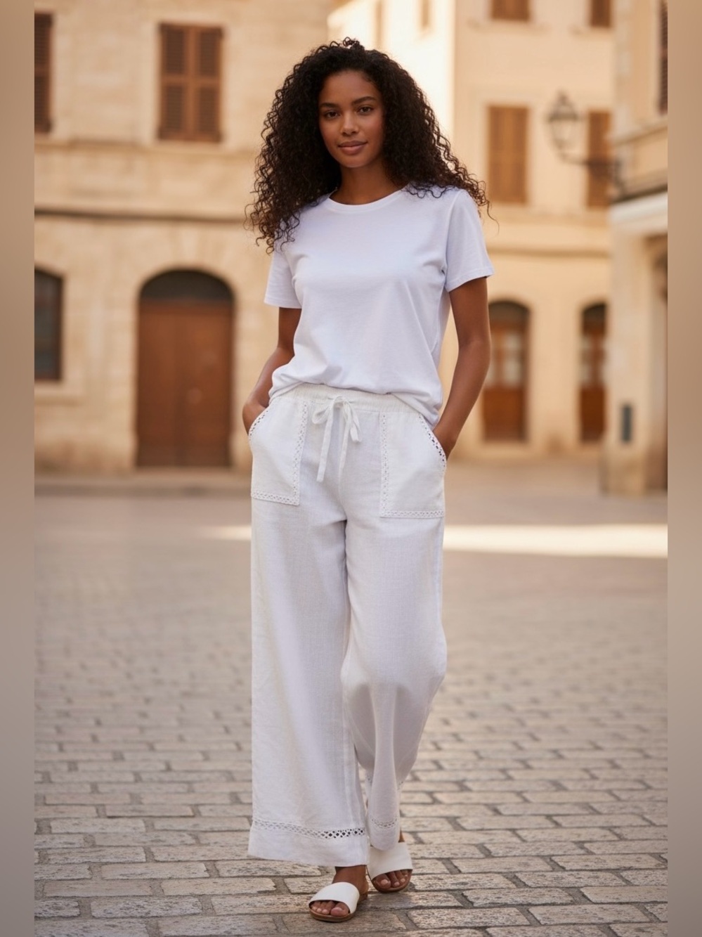 Joie 100% Linen White Wide Leg Pants XL Crochet Trim Drawstring Coastal Boho